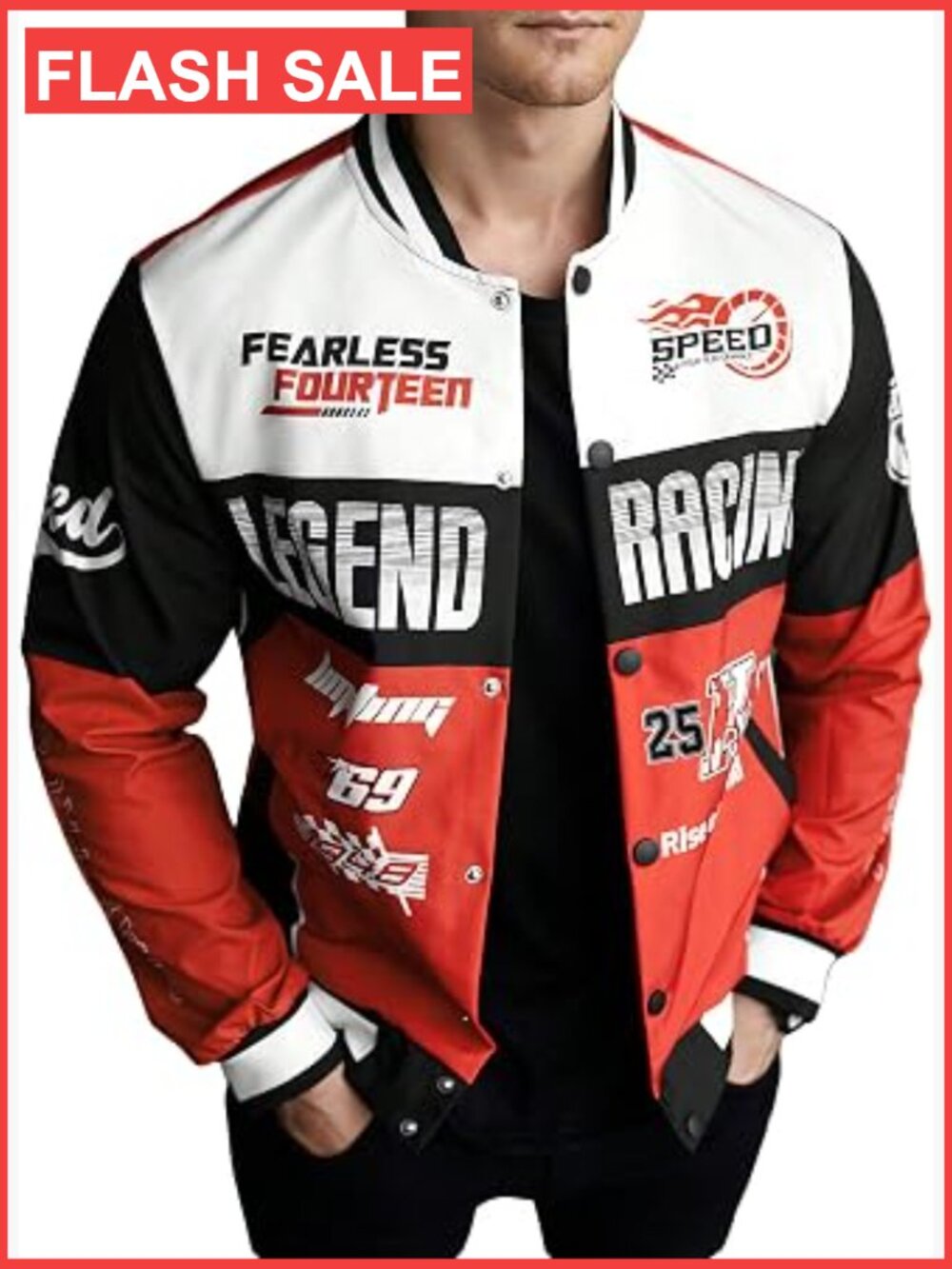 Mens Graphic Varsity Motorcycle Racing Jacket Button Front Long Sleeve